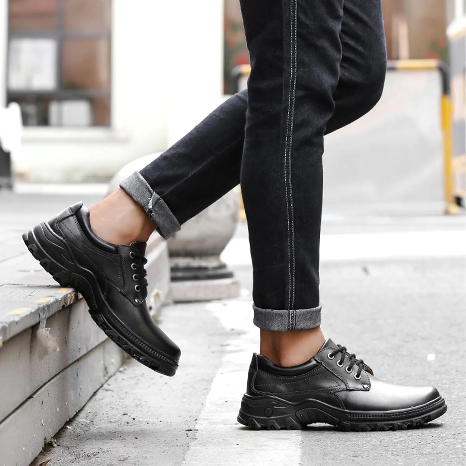 Men's Genuine Leather Platform Oxfords Round Toe Lace Up Comfort Breathable Non Slip Derby Shoes Dress Business Office Work Shoes